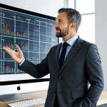 A professional male software architect, in his late 30s, fully clothed in a modest charcoal business suit, standing confidently in a bright, modern office. He is gesturing towards a large, transparent digital display that shows intricate 3D visualizations of interconnected software components and abstract design patterns, such as a "Factory Method" flow or a "Singleton" structure. The background is a clean, minimalist workspace with soft natural light, highlighting a sense of clarity and advanced technology. Perfect anatomy, correct proportions, natural pose, well-formed hands, proper finger count, natural body proportions, professional photography, high resolution, elegant composition, safe for work, appropriate content, family-friendly.