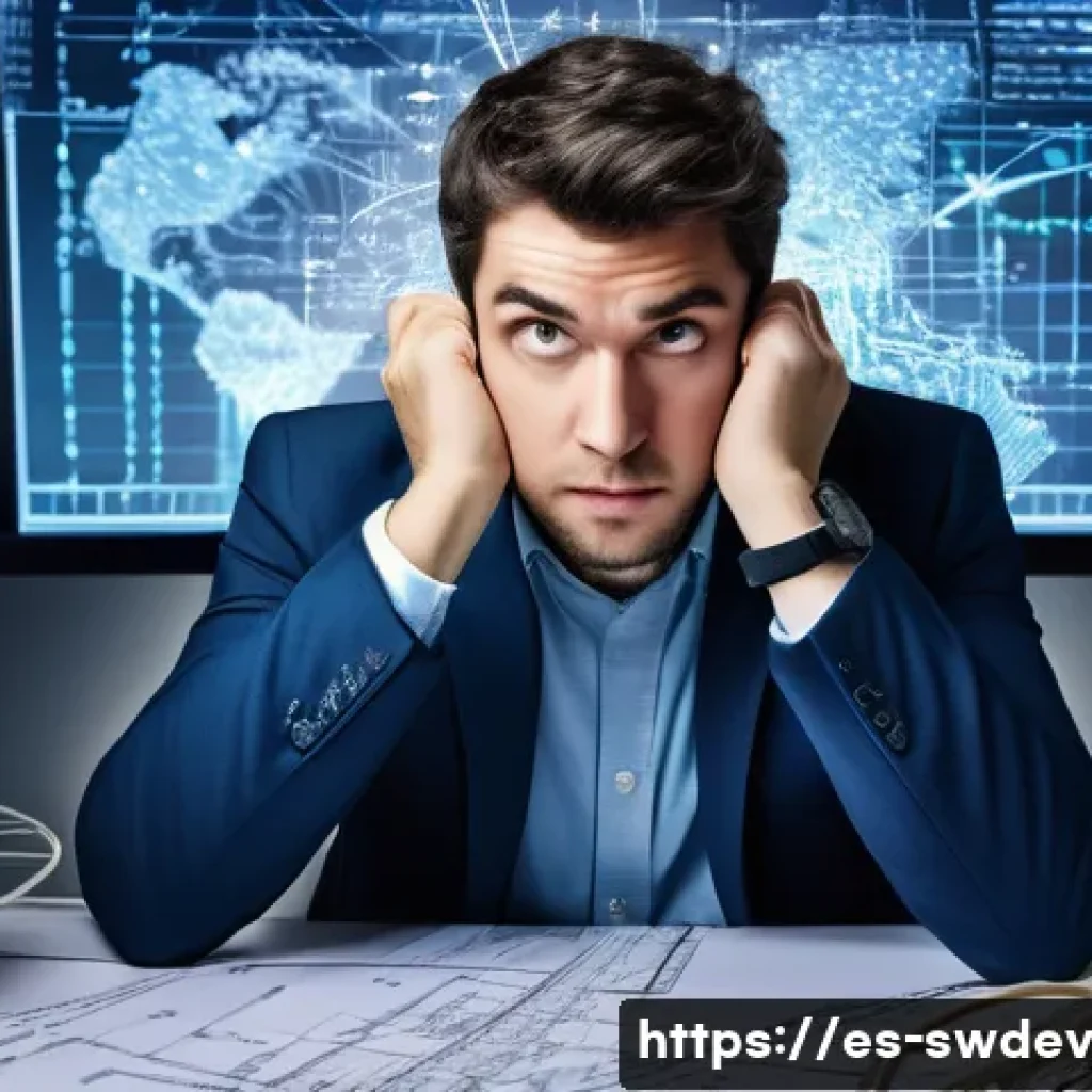 팩토리 패턴 사용 사례 - A highly detailed, wide-angle shot of a frustrated software developer, dressed in smart casual work ...