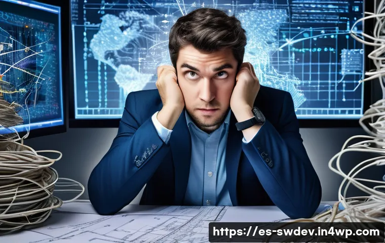 팩토리 패턴 사용 사례 - A highly detailed, wide-angle shot of a frustrated software developer, dressed in smart casual work ...