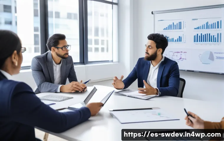 소프트웨어 설계 패턴과 고객 요구 사항 반영 - A professional business meeting scene in a modern office, featuring diverse team members of Latin Am...