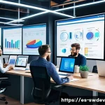 Home 22 MVC 패턴 이해 및 활용 - A modern software development team in a bright, spacious office, collaborating around large screens ...