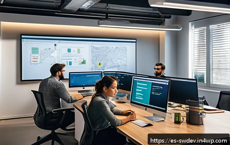 소프트웨어 설계 패턴의 교육 자료 - A modern office environment with a diverse team of software developers collaborating around a large ...